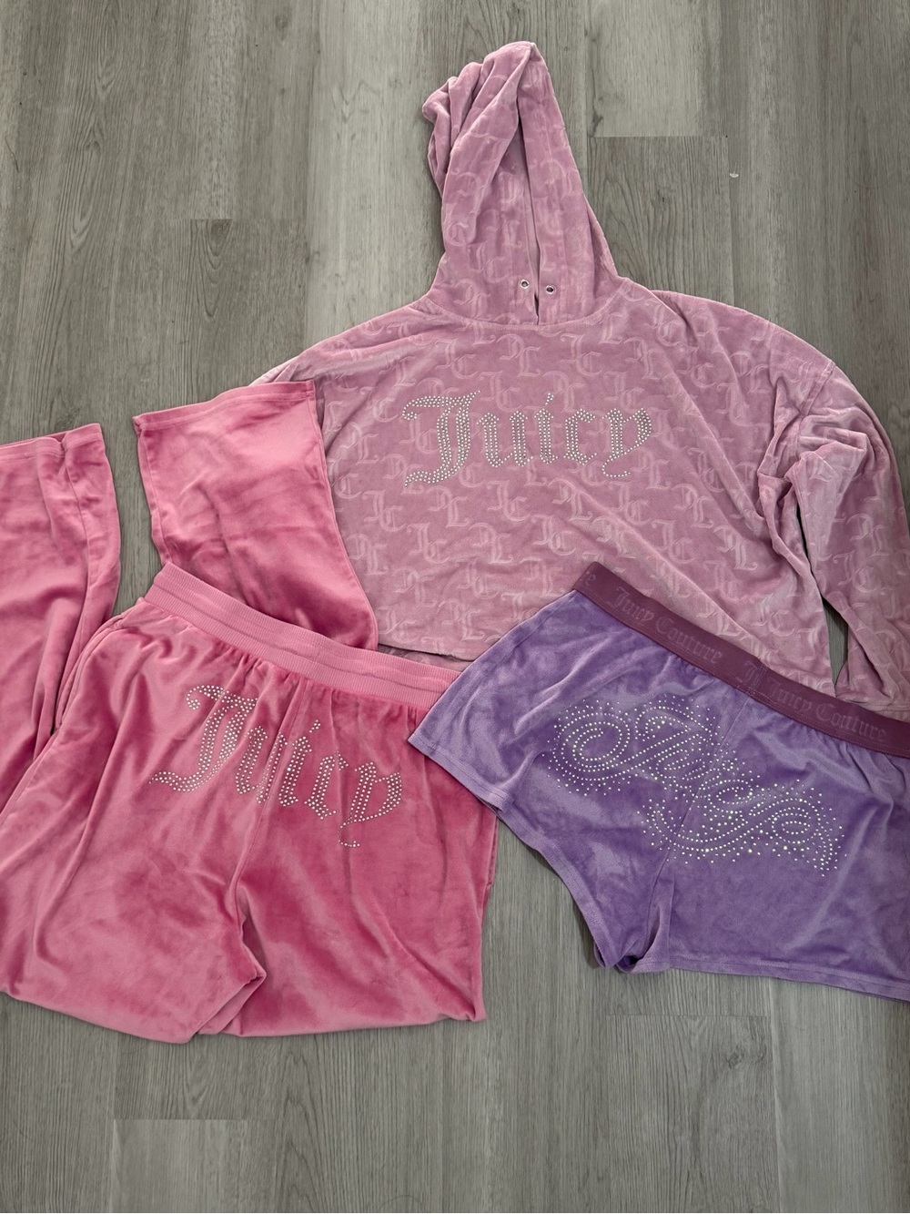 Juicy Couture Pink Velour Hoodie, Pink Shorts & Purple Shorts Bundle